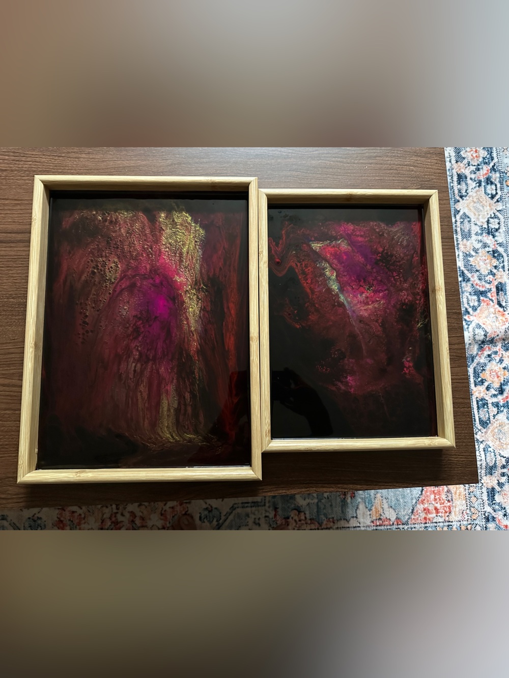 Abstract Resin Tray set ( 2 pieces)in Red, Gold & Pink - Handmade